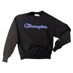 Champion Reverse Weave Sweatshirt Black Chenille Logo Mens SM Pullover Y2K